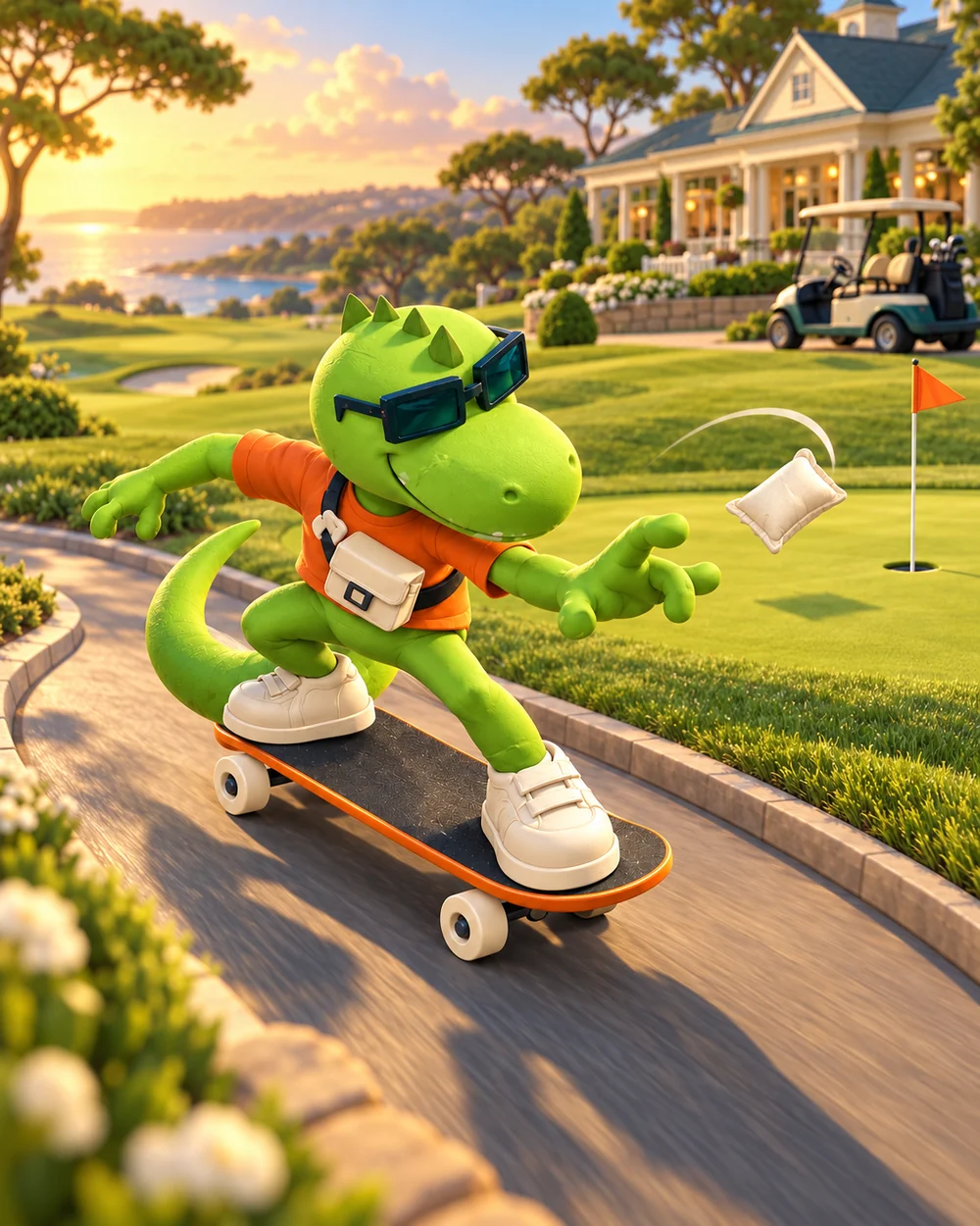 Promotional illustration of the lizard bringing skateboard energy to a peaceful golf course.
